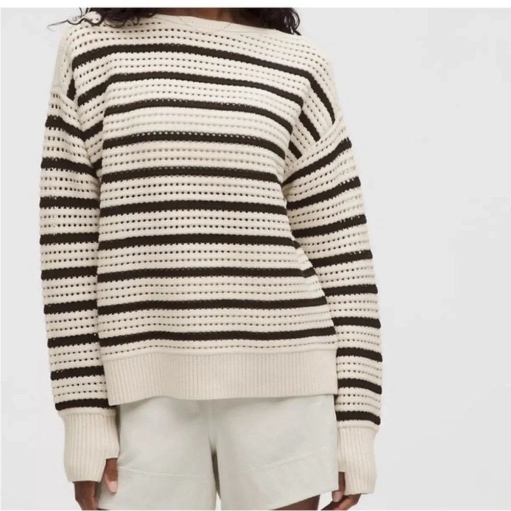 Lululemon Cotton Crochet Pullover Sweater Light Ivory Black $128